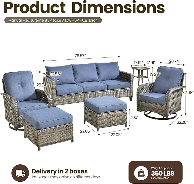 6 Piece Wicker Patio Furniture with Swivel Rocker Chair,Denim Blue | High Back Swivel Rocker Chairs, Outdoor Sofa Ottoman, Heavy Duty, All Weather Rattan Modern Conversation Sets, Deck Backyard