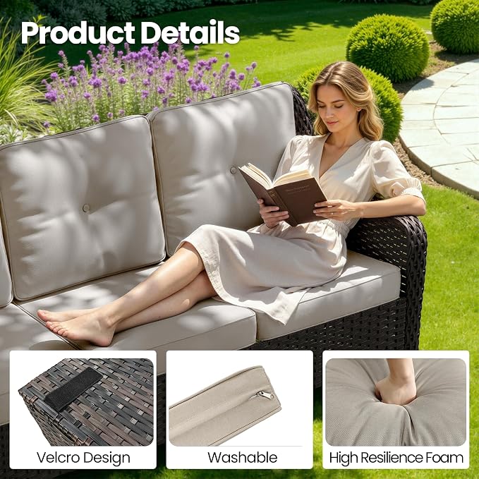 Kullavik 7 Pieces Patio Furniture Set,All-Weather Wicker High Back Outdoor Swivel Rocker Patio Chairs with Coffee Table & Thick Cushions,Paito Conversation Set for Porch,Deck,Sand