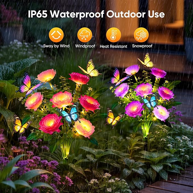 Solar Flowers Lights Outdoor Waterproof: 3 Pack LED Solar Lights Decorative for Outside Garden Decor with Butterfly Auto-On/Off for Yard Landscape Lighting, Gifts for Mom Gardening Enthusiasts