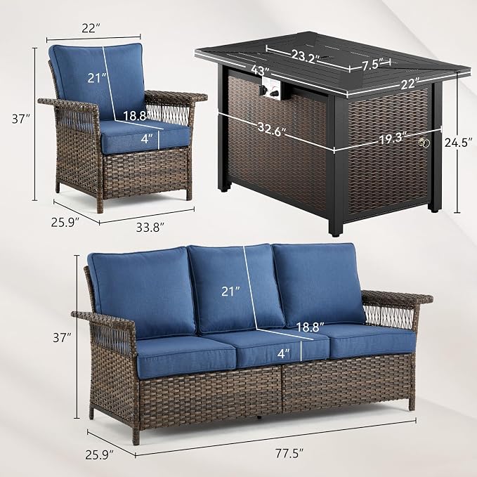 Patio Furniture Set with Fire Pit Table, 4PCS Patio Conversation Set Brown Resin Wicker Patio Chair and Sofa with 43in Rectangular Iron Firepit Table PE Rattan Patio Furniture Set