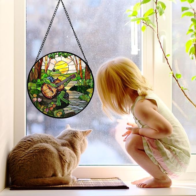DASTOLL Stained Glass Window Hanging, Frog Playing Guitar Suncatcher Diamond Glass Panel Funny Sun Catchers Decor for Birthday for Women, Men, Wife, Aunt, and Mom 6.3 in