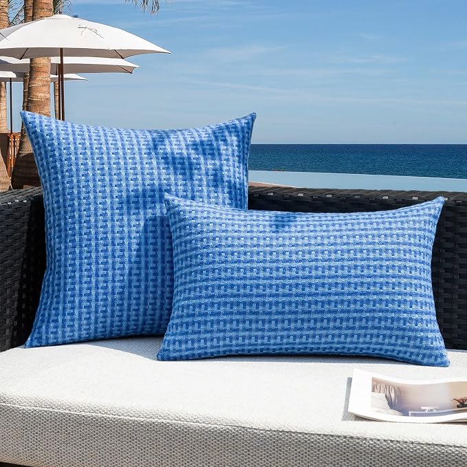 Kevin Textile Outdoor Waterproof 18"x18" Pillow Covers 2 Pack, Blue | Water Resistant Weaving Faux Linen Texture Throw Pillow Covers, Outside Decorative Pillowcases for Garden Patio Balcony Couch