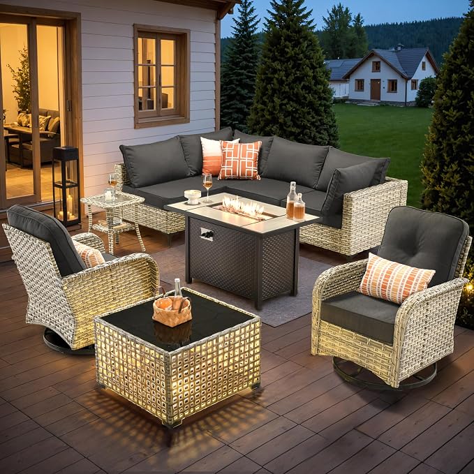 HOOOWOOO Outdoor Patio Furniture Set with Fire Pit Table,9 Pieces Wicker Out Door Sectional Furniture L Shaped Couch,Outside Patio Conversation Sets Swivel Chair,Black