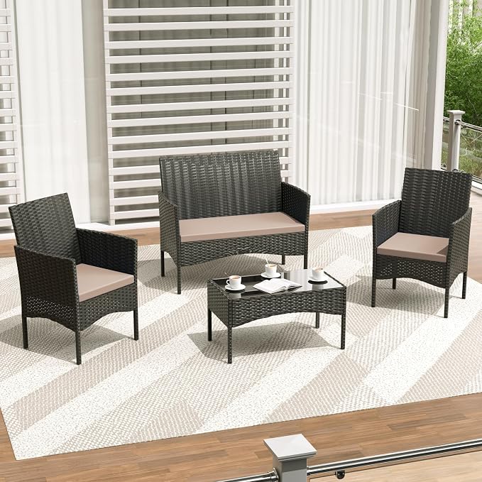 4 Pieces Outdoor Patio Furniture Sets,Wicker Conversation Set with Coffee Table,Loveseat and Wicker Patio Chairs with Soft Cushion for Porch, Garden, Lawn(Sand)