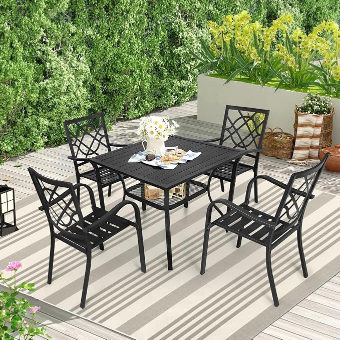 5 Piece Outdoor Patio Dining Set, Metal Patio Furniture Set Outdoor Square Slatted Dining Table with Umbrella Holes & 4 Stackable Chairs for Backyard, Garden