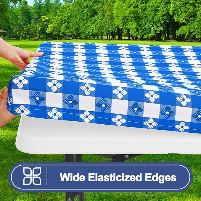 Smiry Picnic Table Cover with Bench Covers, Waterproof Elastic Fitted Tablecloth for 5 Foot Tables, Washable Polyester Tablecloths for Camping, Indoor & Outdoor (Blue & White, 30x60 Inch 3-pc Set)