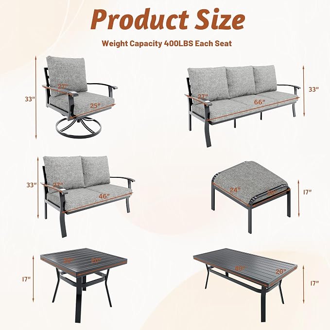 HOMREST Patio Furniture Sets 7 PCS Outdoor Metal Conversation Sets, 360 Degree Swivel Rocking Chairs Patio Conversation Set with Ottomans, Coffee Side Table and 3-Seat Sofa for Garden, Deck, Poolside