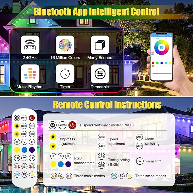 Permanent Outdoor Lights 50ft RGB+IC Eave Lights for House | IP67 Waterproof Smart LED Outdoor Lights with 16M Colors, App/Remote Control for Christmas, Halloween, Daily, Party