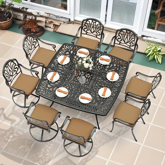 MEETWARM 9-Piece Outdoor Patio Dining Set for 8, All Weather Cast Aluminum Patio Funiture Table and Chairs Set- Large 64" Square Table and 4 Swivel Rocker Chairs, 4 Stationary, Umbrella Hole, Khaki
