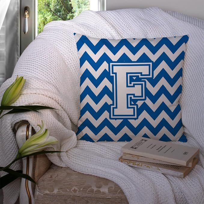 Caroline's Treasures CJ1045-FPW1414 Letter F Chevron Blue and White Fabric Decorative Pillow Machine Washable, Indoor Outdoor Decorative Pillow for Couch, Bed or Patio, 14Hx14W