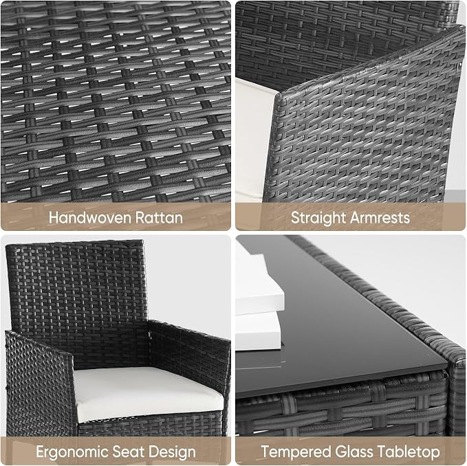DUMOS 3 Piece Patio Furniture Set, All-Weather Outdoor Wicker Chairs with Removable Cushions & Tempered Glass Table, Small Bistro Set for Porch, Balcony, Lawn, Backyard, Black