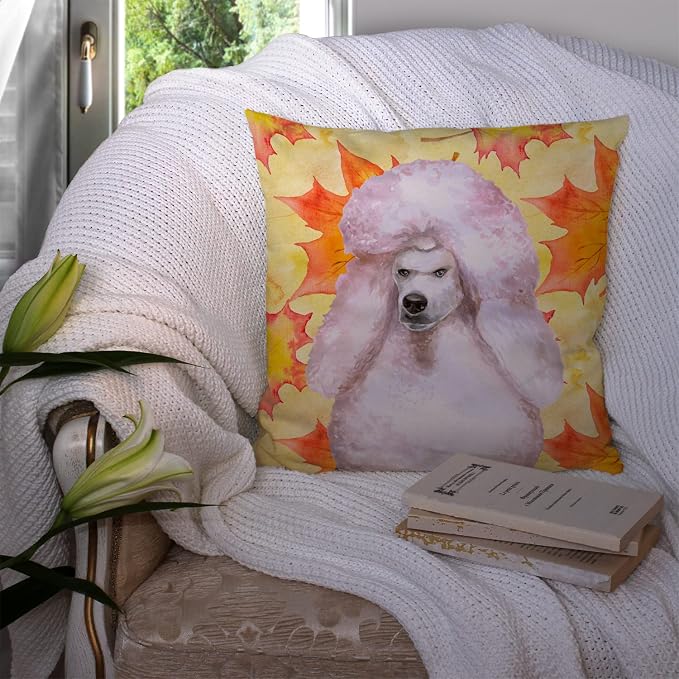 Caroline's Treasures BB9978PW1414 White Standard Poodle Fall Fabric Decorative Pillow, Yellow Machine Washable, Indoor Outdoor Decorative Pillow for Couch, Bed or Patio, 14Hx14W