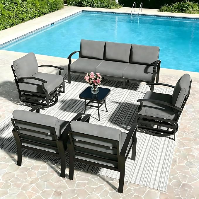 Aluminum Outdoor Patio Furniture Set,6 Pieces 7 Seats Patio Conversation Sets,Metal Patio Sectional Furniture Set with 5.1" Thickened Cushions,Swivel Rocking Chairs Set,Grey