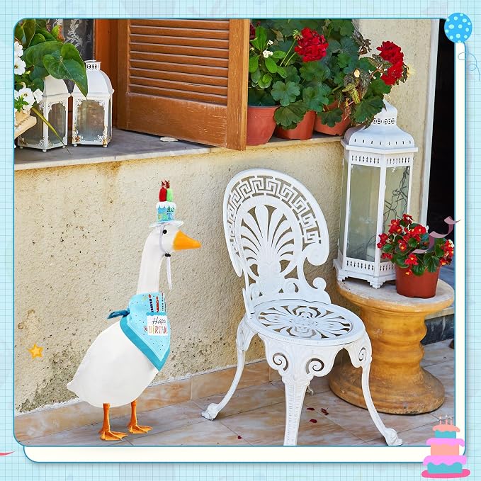 Dansydaisy Happy Birthday Goose Outfit Porch Goose Outfits with Happy Birthday Cake Hat and Bandana Yard Geese Outfits for 23" 17" Cement Plastic Geese Duck Decorations(Style 2,Blue)