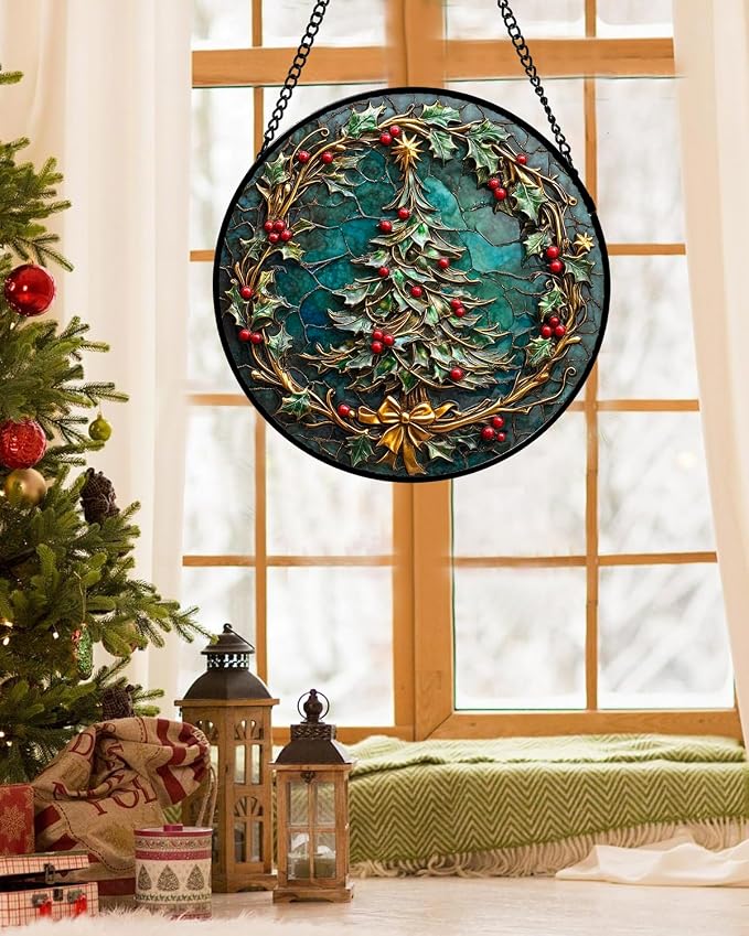 DASTOLL Stained Glass Window Hangings - Red Gold Green Wreath Suncatcher for Door Home Christmas Tree Decoration Sun Catcher Thanksgiving New Year Birthday Gift for Women Men Mom Grandma 15 in