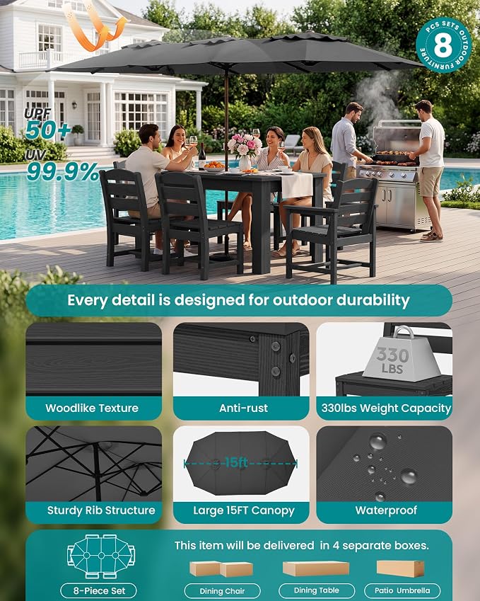 SERWALL 59" Outdoor Dining Set for 8, HDPE Dining Set, Black | Include 2 Rectangular Tables and 8 armless Chairs, All Weather Dining Sets for Garden, Backyard