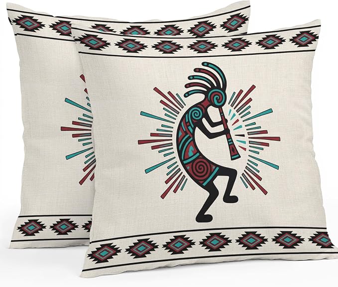 Boho Southwest Waterproof Outdoor Throw Pillow Covers 16''x16'' Pack 2, Aztec Ethnic Native Human Ethnic Plaid Pillow Cases Throw Cushion Cover with Zipper, Washable Pillowcase for Poolside Sofa