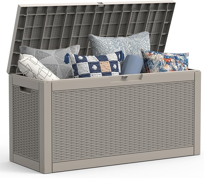 Mars Villa 60 Gallon Deck Box, Waterproof Resin Storage Bin with Lockable Lid, Weatherproof and UV Resistant, for Outdoor Patio Furniture Cushions, Pool Supplies, Garden Tools, Grey