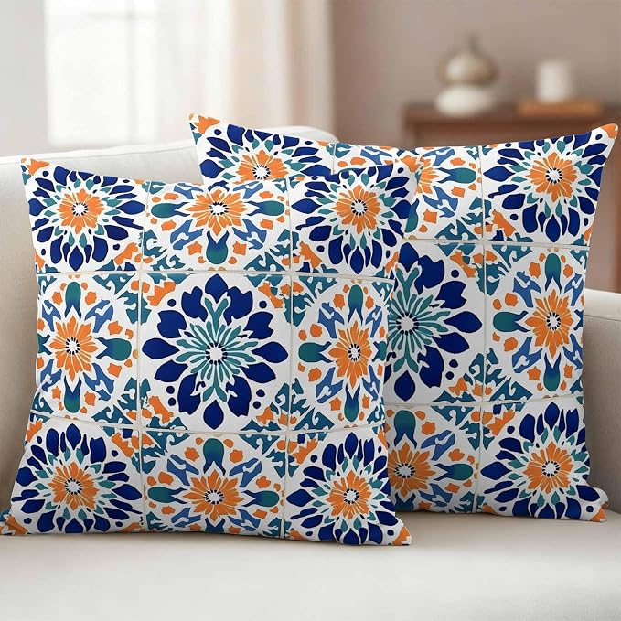Retro Abstract Geometric Outdoor Pillow Covers Set of 2 Orange Blue Floral Texture Waterproof Throw Pillow Cover Decorative Cushion Cases for Patio Porch Garden 16X16 Inch
