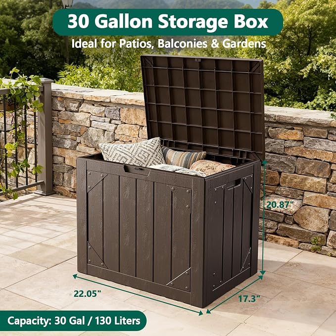 30 Gallon Outdoor Storage Box, Lockable Resin Deck Box for Patio Cushions, Throw Pillows, Garden Tools, Weatherproof Outdoor Storage Bench for Yard, Porch, or Balcony