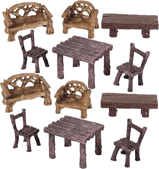 Skylety 12 Pieces Garden Furniture Ornaments Miniature Table and Chairs Set Village Micro Resin Bench Chair for Fairy Garden Accessories Home Micro Landscape Decor(Vintage Style)