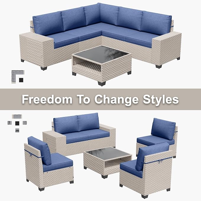 6-Piece Outdoor Patio Furniture Set, Modular Sectional Sofa Set with Glass Coffee Table and Cushions, Wicker Outdoor Couch Conversation Sets, Blue