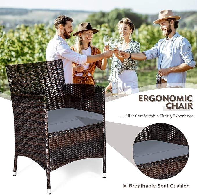 DORTALA Wicker Patio Furniture Set 3 Piece, Small Outdoor Table & Chairs Set with Cushions, All-Weather Rattan Conversation Bistro Set for Balcony, Porch, Backyard, Deck, Grey