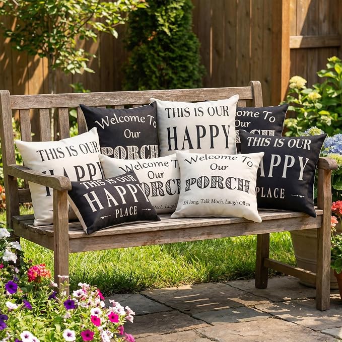 JOJOGOGO Welcome to Our Porch Outdoor Pillow Covers Waterproof 18x18 Set of 2, Decorative Farmhouse Outdoor Throw Pillows 18 x 18, Back Porch Decor Patio Furniture Pillows (This is Our Happy Place)