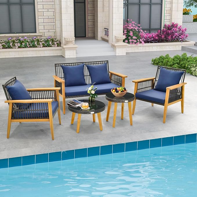 Tangkula 5 Piece Outdoor Conversation Set, Patiojoy Rattan Chair Set with 2 Coffee Tables, Stable Acacia Wood Frame, Cozy Seat & Back Cushions, Patio Wicker Furniture Set for Backyard, Poolside (Navy)