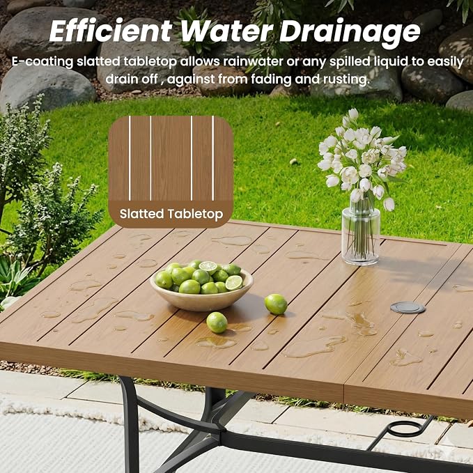 Soohow Outdoor Dining Set for 6, Outdoor Patio Dining Set 6 x Stackable Chairs & 1 x Wood-Like Outdoor Table with Umbrella Hole, All-Weather Patio Table and Chairs for Poolside, Backyard and Porch