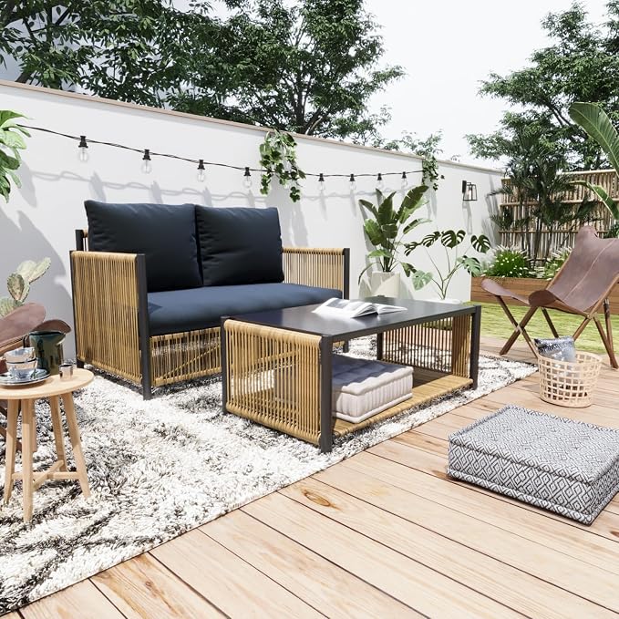 2 Pieces Aluminum Outdoor Patio Furniture Set - Loveseat & Dual-Layer Coffee Table - Rope Sectional Conversation Sofa Sets with Washable Thick Cushion for Garden, Backyard, Porch