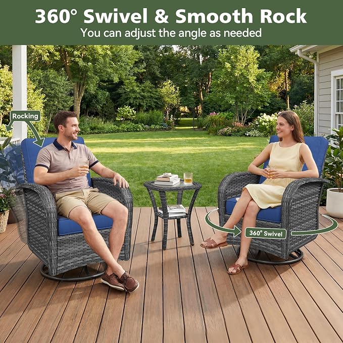 Aoxun 14 Piece Outdoor Patio Furniture Set with 44'' Fire Pit Table, Wicker Rattan Outdoor Furniture with High Back Swivel Rocker Chairs, Outdoor Sofa Set with Thick Cushion & Side Table, Navy Blue