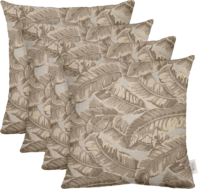 RSH DECOR: Sunbrella Square Throw Pillows Set of 4 | 17" x 17" | Water and Fade-Resistant Performance Fabric | Outdoor Pillow Covers with Down-Alternative Inserts | Made in USA (Tropics Linden Pebble)