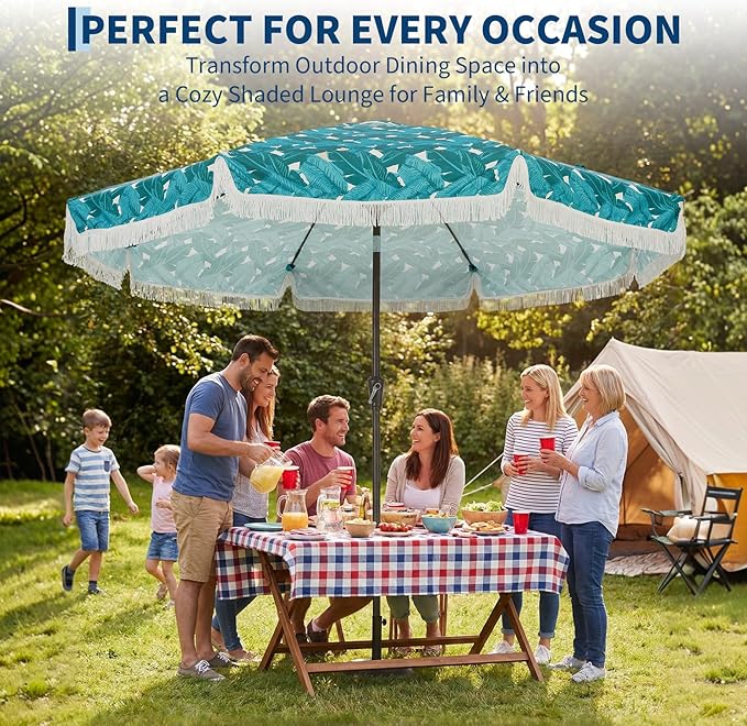 Garvee 9FT Fringe Patio Umbrella with Crank Handle, Push Button Tilt for Sun Shade, 8 Fiberglass Ribs, 1.5" D Premium Steel Pole, Outdoor Large Tassel Umbrella for Patio Beach Pool Backyard,9' Leaf
