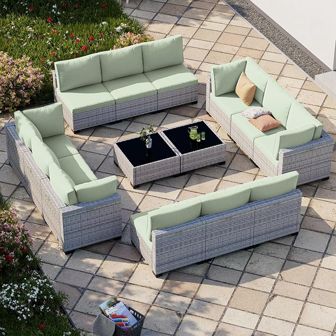 14-Piece Patio Furniture Set, Outdoor Sectional with Thick Cushions, Modular Patio Sofa, Dual-Strand Wicker Rattan, Rust-Resistant Frame, Backyard Furniture for Garden, Deck, Light Green