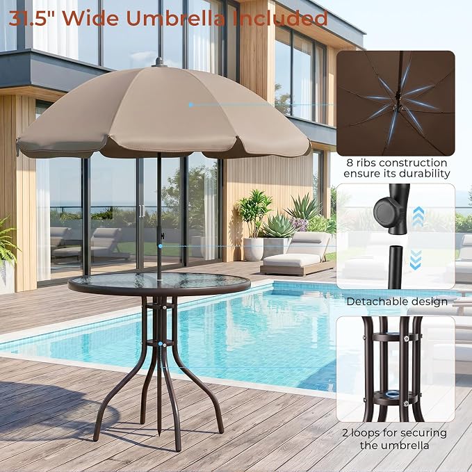 TLSUNNY 6 Pieces Patio Dining Set with 65″ Umbrella, Outdoor Table and Chairs with 31.5″ Round Glass Table, 4 Folding Textilene Chairs, Patio Dining Set W/Steel Frame, for Poolside, Backyard (Brown)
