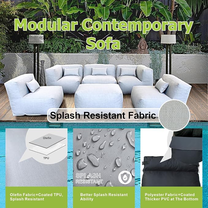 ANNYH CALALUNA 6Pc PATIO Furniture Sectional Conversation Set. Combines 3Middle, 2Corner, 1Ottoman/Coffee OUTDOOR Exp Foam Filled CHAIRS. A UNIQUE Modular Contemporary Sofa Could Gray (Cloud Gray)