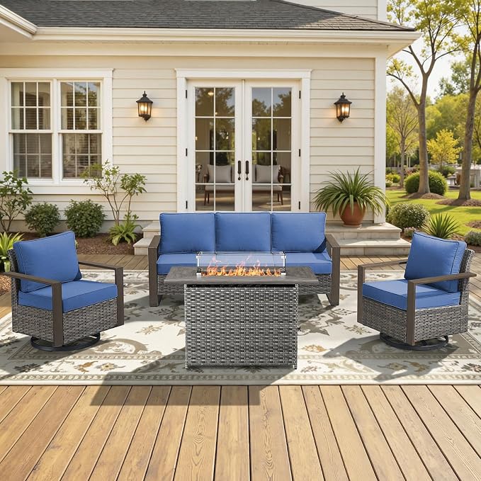 High Back Patio Furniture Set with Fire Pit Table, 4-Pieces Outdoor Furniture with Metal Arm Swivel Chairs, Wicker Conversation Set for Porch, Balcony, Deck and Yard, Grey/Blue