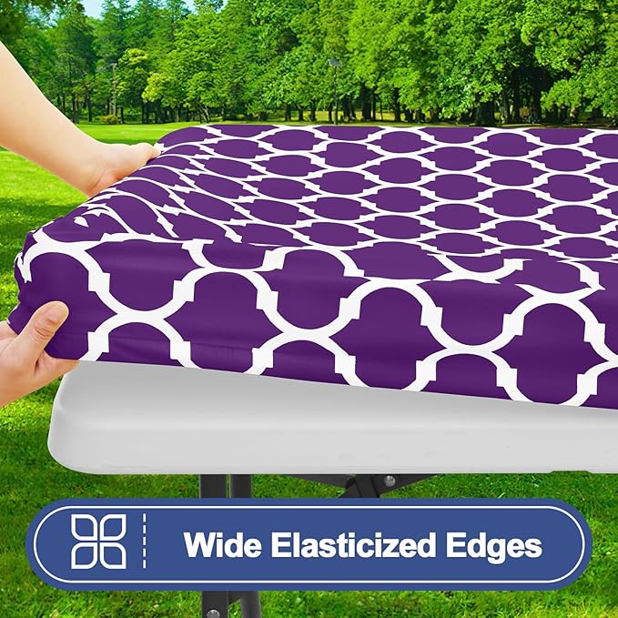 Smiry Picnic Table Cover with Bench Covers, Waterproof Elastic Fitted Tablecloth for 6 Foot Tables, Washable Polyester Tablecloths for Camping, Indoor & Outdoor (Purple, 30x72 Inch 3-pc Set)
