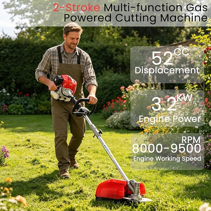 52CC 2-Cycle Gas Weed Wacker, 6 in 1 Gas Weed Eater, 2026 Upgraded Weed Eater, 9500rpm High Power String Trimmer, Brush Cutter for Yard, Garden Easy to Start(US Fast Arrival