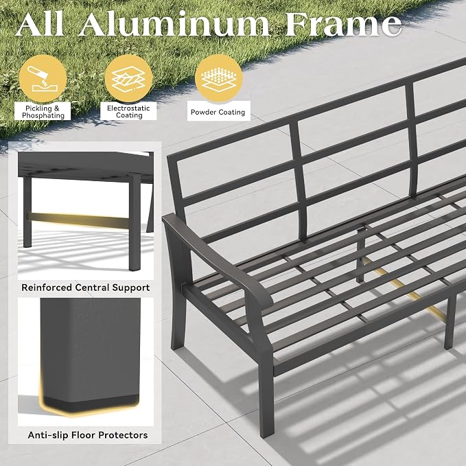 4 Piece Patio Furniture Set, Metal Outdoor Conversation Set w/3-Seat Sofa, 2 Rocking Swivel Chairs, Side Table, Patio Bistro Set w/5" Thickened Cushions for Backyard, Poolside, Blue