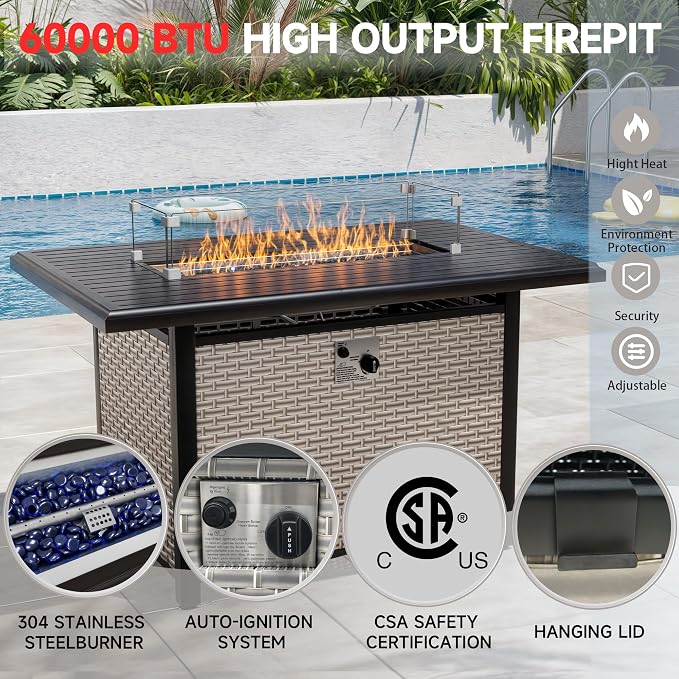 10-Piece Outdoor Patio Furniture Set, Modular Sectional Sofa Set with Swivel Rocker Chairs & Fire Pit, Wicker Outdoor Couch Conversation Sets w/Coffee Table and Cushions, Turquoise
