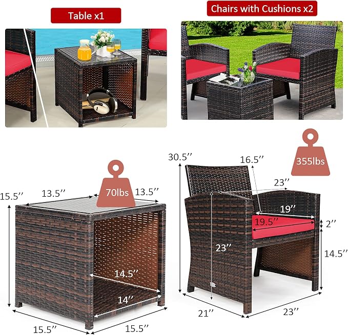 Tangkula 3-Piece Outdoor PE Rattan Furniture Set, Patio Conversation Set w/Chair & Storage Coffee Table, Detachable Cushion, Stable X-Shaped Frame, Perfect for Garden, Backyard, Poolside (Red)