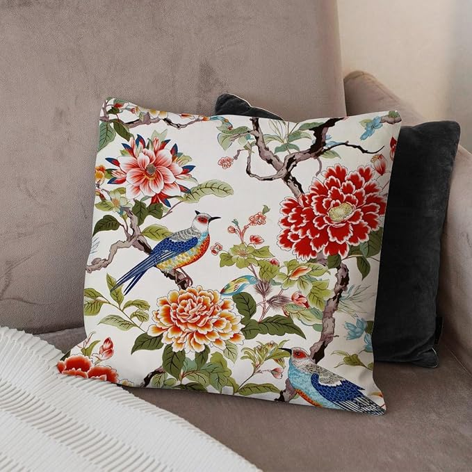 Cushion Cases Chinoiserie Tree Peony Bird Pillowcase Retro Floral Coral Turquoise Pillow Cover Accent Square Couch Sofa Cushion Covers for Patio Couch Bench 20x20 in
