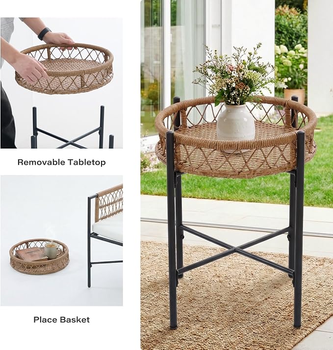 LAUSAINT HOME 5 Piece Patio Furniture Set, Outdoor Wicker Conversation Set with 2 PE Rattan Armchairs, 1 Loveseat with Cushions, Coffee Table & Side Table for Porch, Balcony, Garden, Poolside, Beige