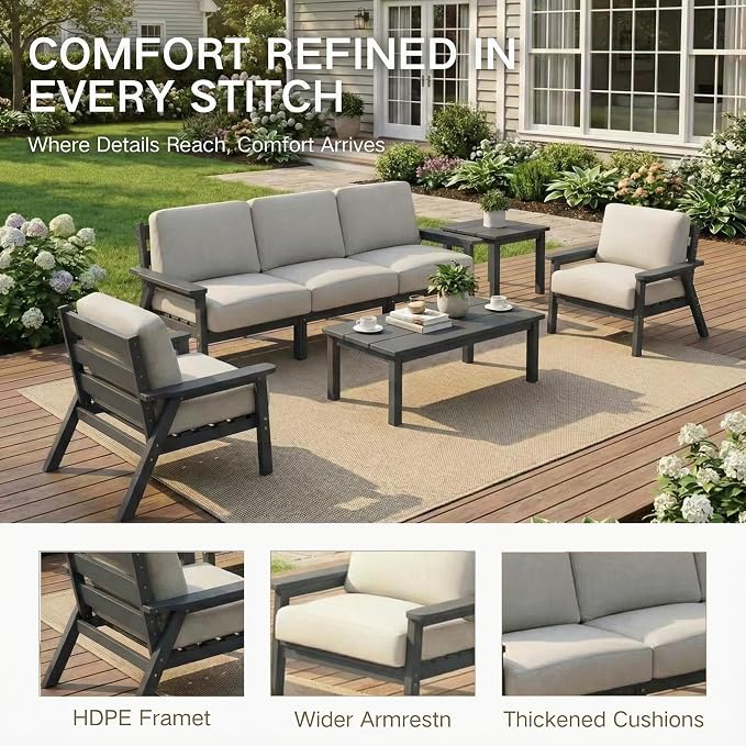 Kingdura HDPE Patio Furniture Set, 4 Piece Outdoor Sectional Sofa with Coffee Table, All Weather Outdoor Couch Conversation Set with Washable Cushions for Backyard Poolside Balcony