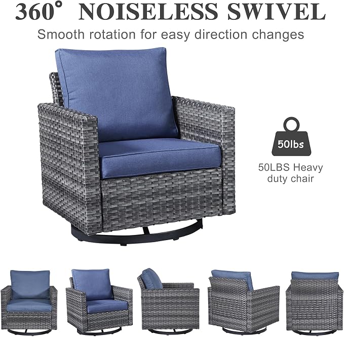 Belord 6 Piece Outdoor Furniture Patio Wicker Sofa Set, Oversize Outdoor Swivel Rocker Chairs with Rattan Ottomans, Conversation Sets Patio Furniture Come with Removable Washable Cushion Blue