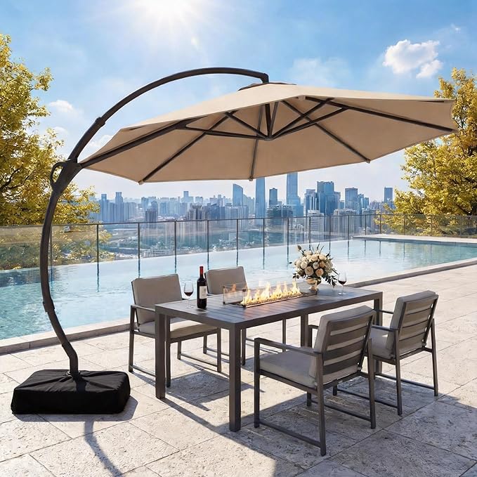 LAUSAINT HOME 12ft Patio Cantilever Umbrella with Base Included, Outdoor Curvy Round Offset Umbrella, Heavy Duty Aluminum, 360° Rotation for Pool, Deck, Lawn, Backyard (Champagne)