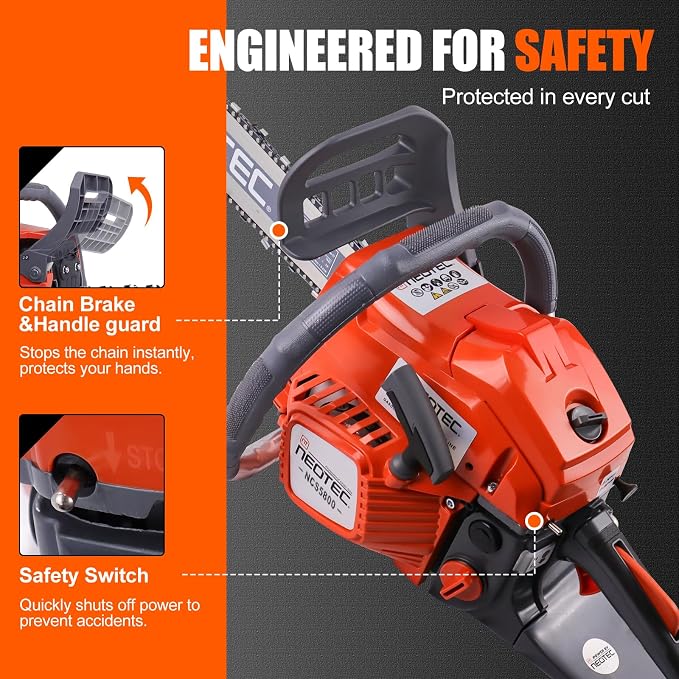 58CC Gas Powered Chainsaw with 20 Inch Bar Chain Ergonomic Chainsaw Chain Brake Anti-Vibration System, 2-Cycle Chain Saw for Tree Cutting Firewood Wood Yard Cleaning