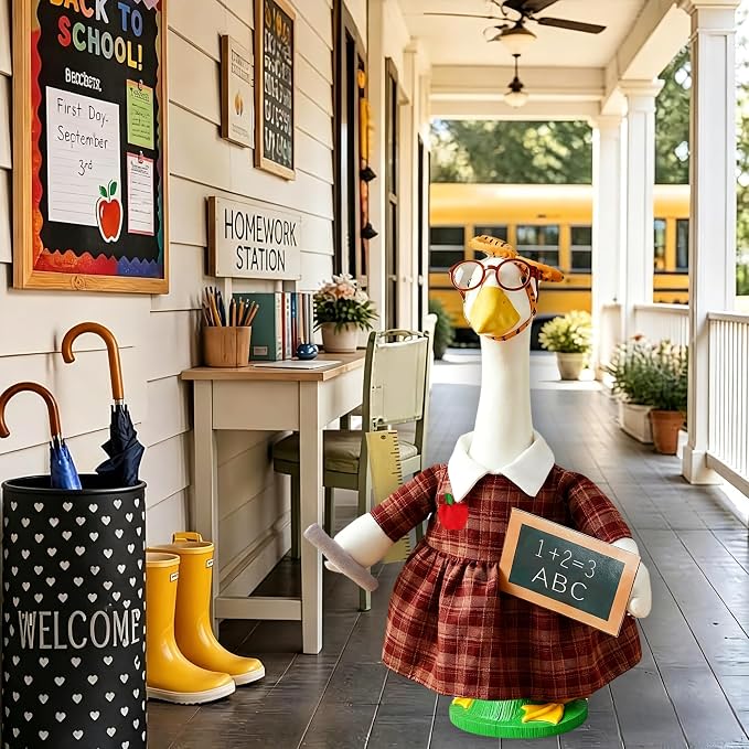 Back to School Porch Goose Outfit – Teacher Costume Set with Ruler Headpiece, Glasses, Plaid Skirt, Exam Papers & Chalkboard Prop for 23'' H Plastic/Cement Statues, Classroom Yard Garden Decor